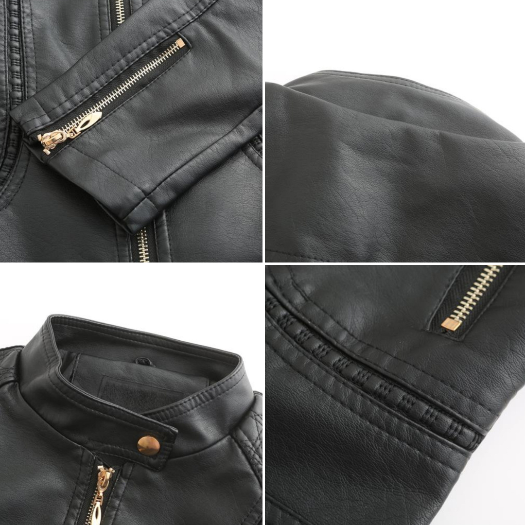 Janiyah Casaco de Pele Mulher – Gola Alta Chic, Fechos de Correr e Estilo Moderno Elegante