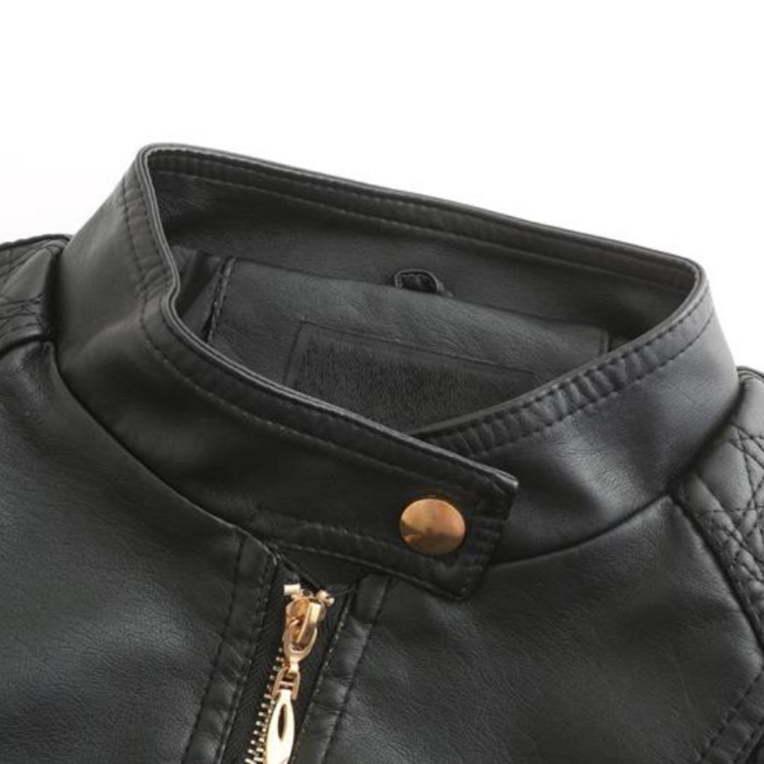 Janiyah Casaco de Pele Mulher – Gola Alta Chic, Fechos de Correr e Estilo Moderno Elegante