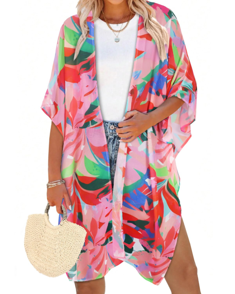 Sophia Kimono de Playa para Mujer – Cárdigan Largo Fluido de Gasa con Estampado Floral