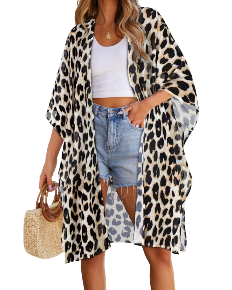 Sophia Kimono de Playa para Mujer – Cárdigan Largo Fluido de Gasa con Estampado Floral