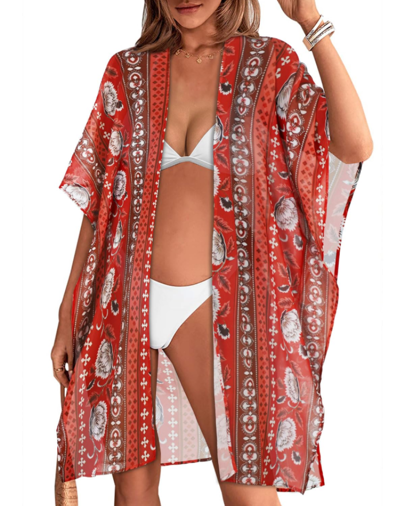 Sophia Kimono de Playa para Mujer – Cárdigan Largo Fluido de Gasa con Estampado Floral