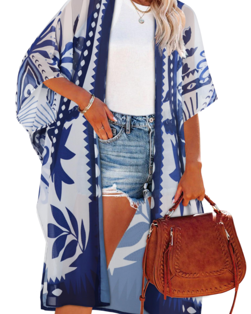 Sophia Kimono de Playa para Mujer – Cárdigan Largo Fluido de Gasa con Estampado Floral
