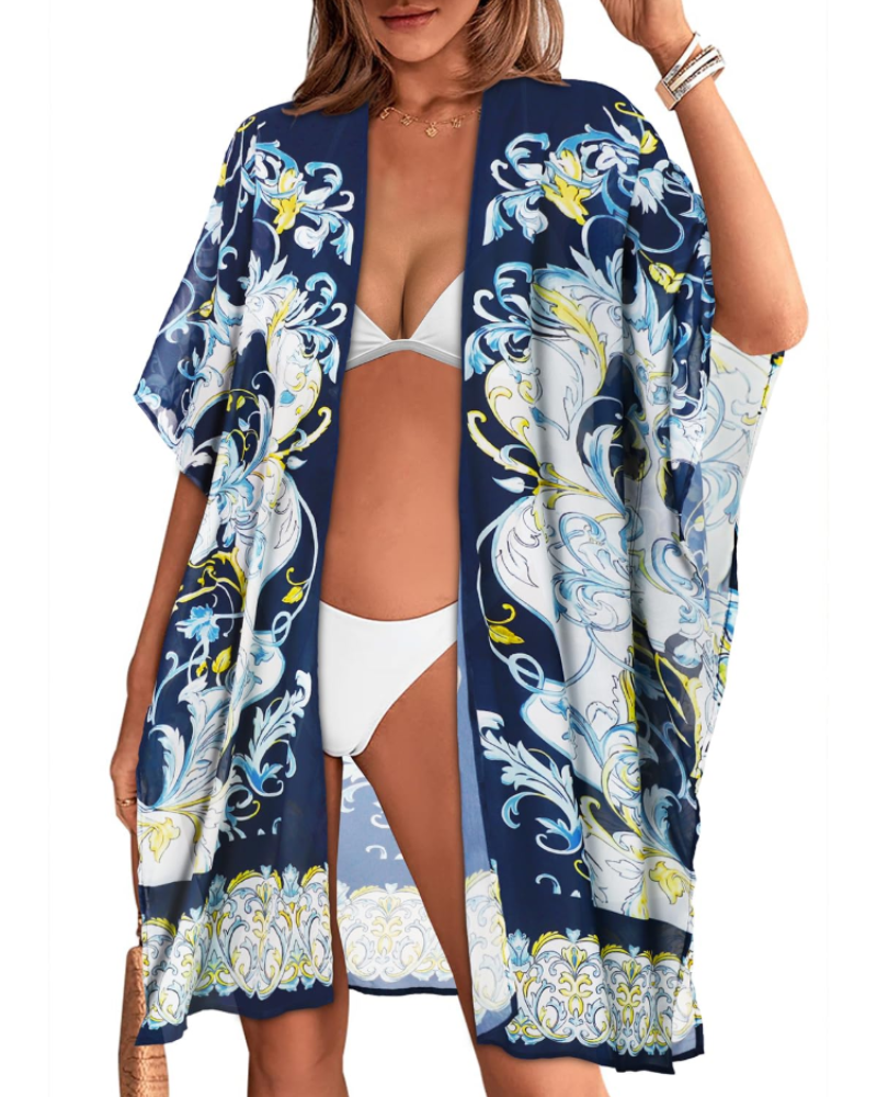 Sophia Kimono de Playa para Mujer – Cárdigan Largo Fluido de Gasa con Estampado Floral