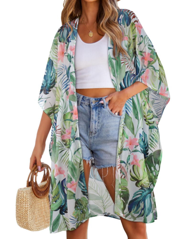 Sophia Kimono de Playa para Mujer – Cárdigan Largo Fluido de Gasa con Estampado Floral