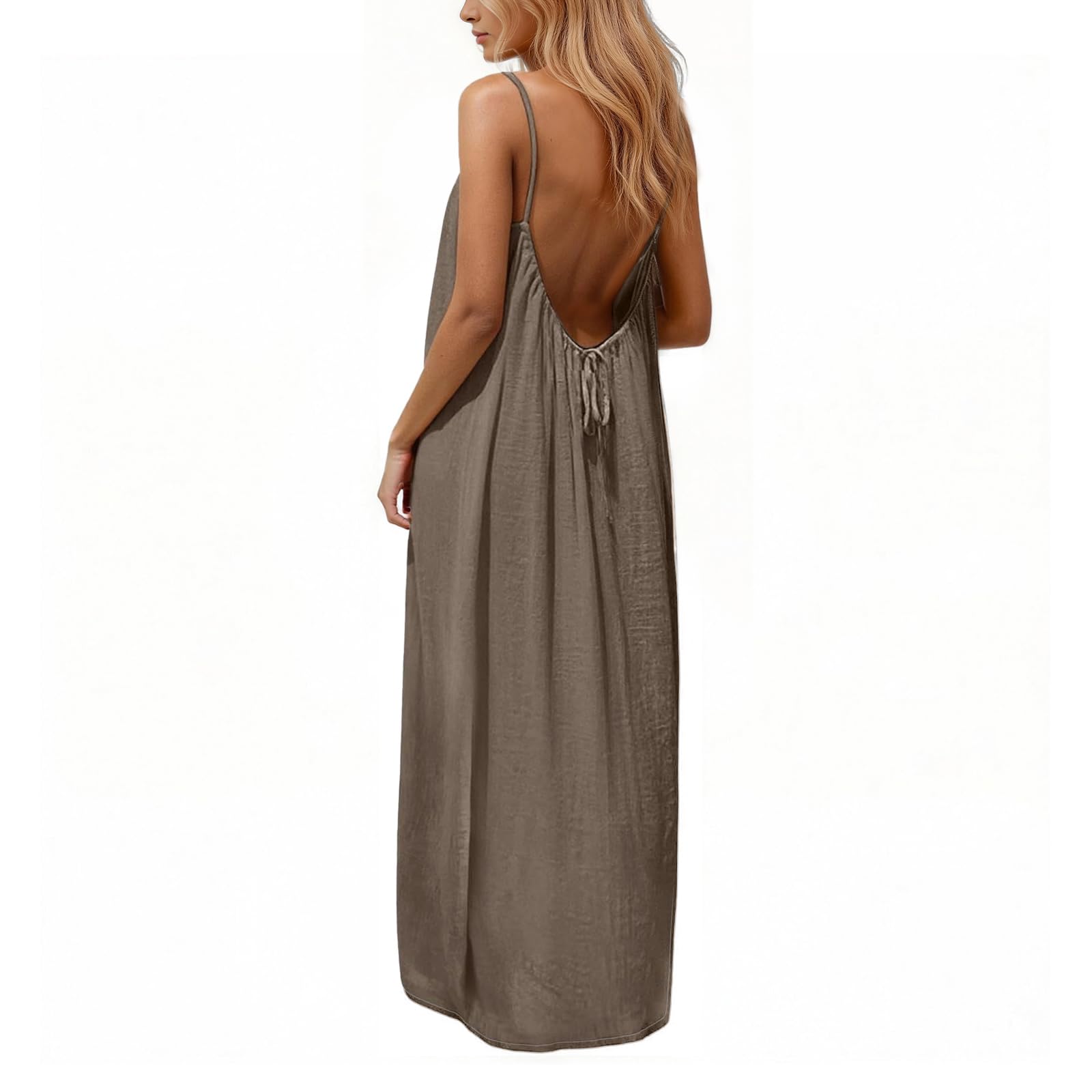 Rowena Maxi Dress for Women – Backless, Adjustable Straps & Fluid A-Line Cut Solid Summer