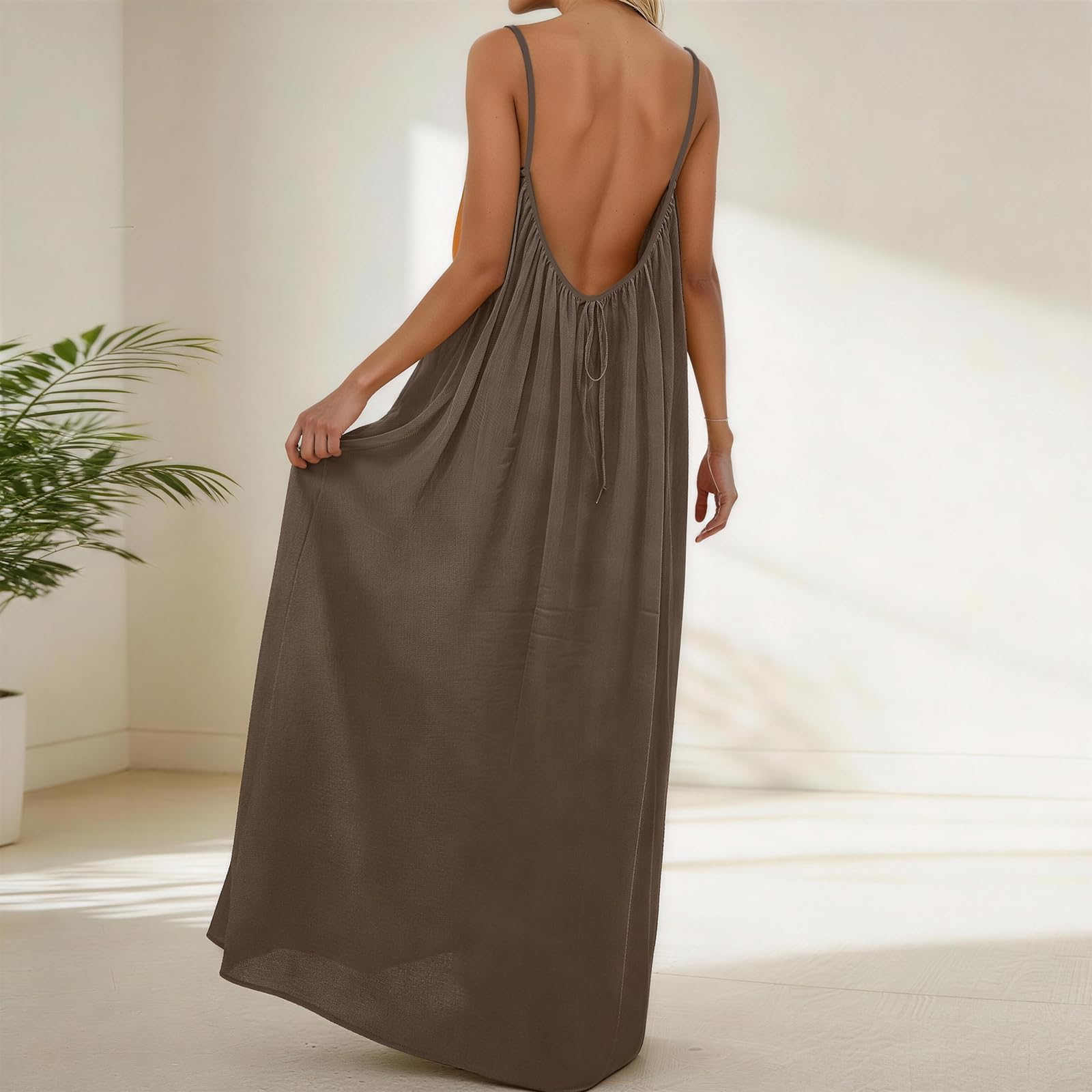 Rowena Maxi Dress for Women – Backless, Adjustable Straps & Fluid A-Line Cut Solid Summer