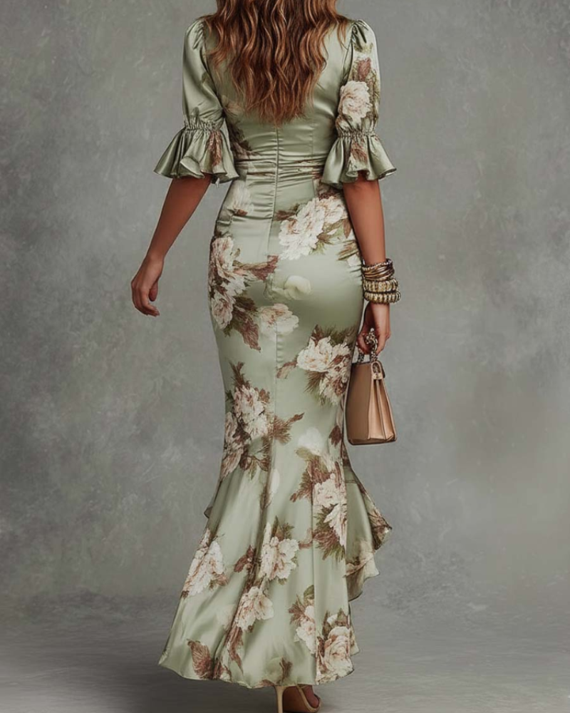 Šaty Ellery Satin Femme – Květinové šaty s hlubokým výstřihem do V, nařaseným pasem a elegantními volány