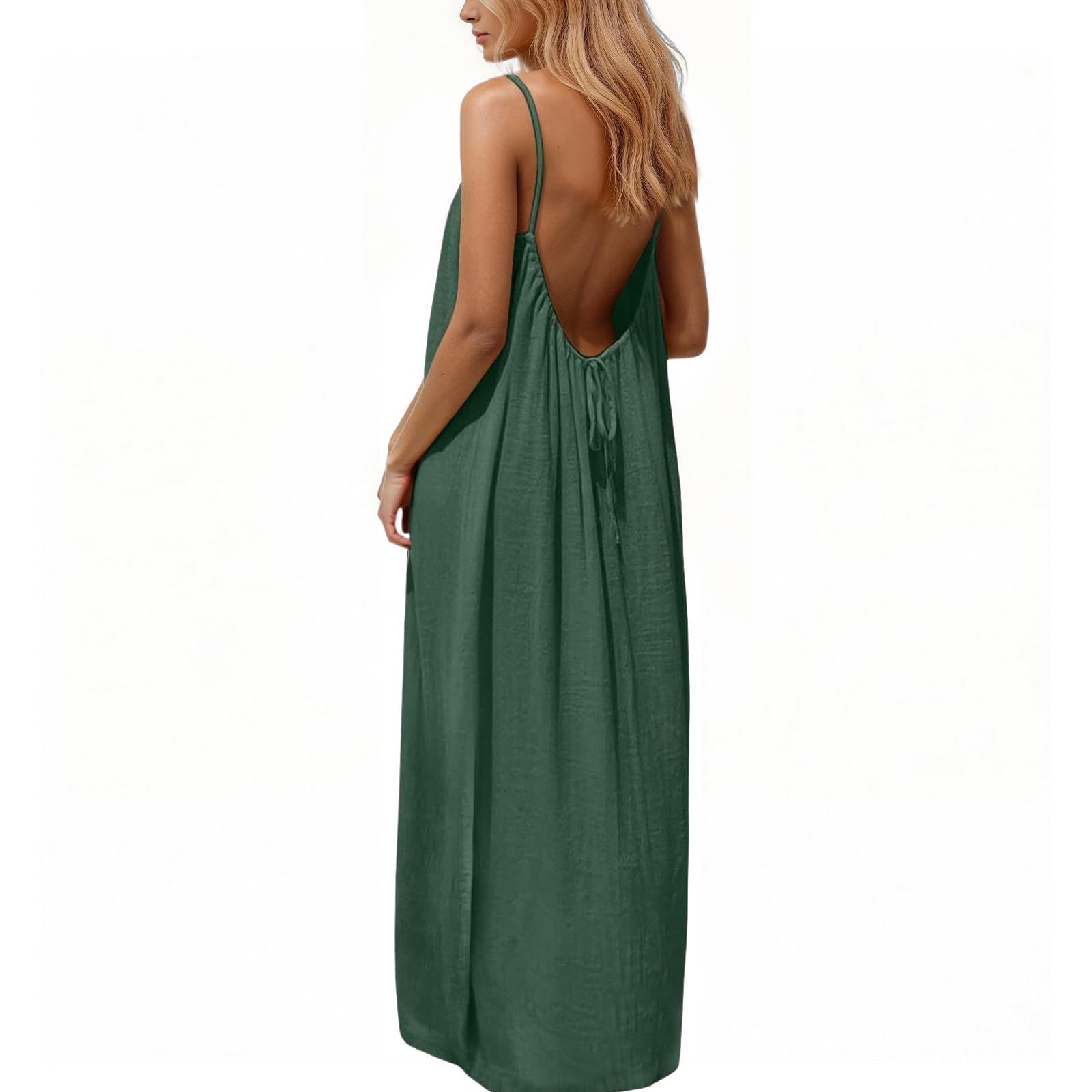 Rowena Maxi Dress for Women – Backless, Adjustable Straps & Fluid A-Line Cut Solid Summer