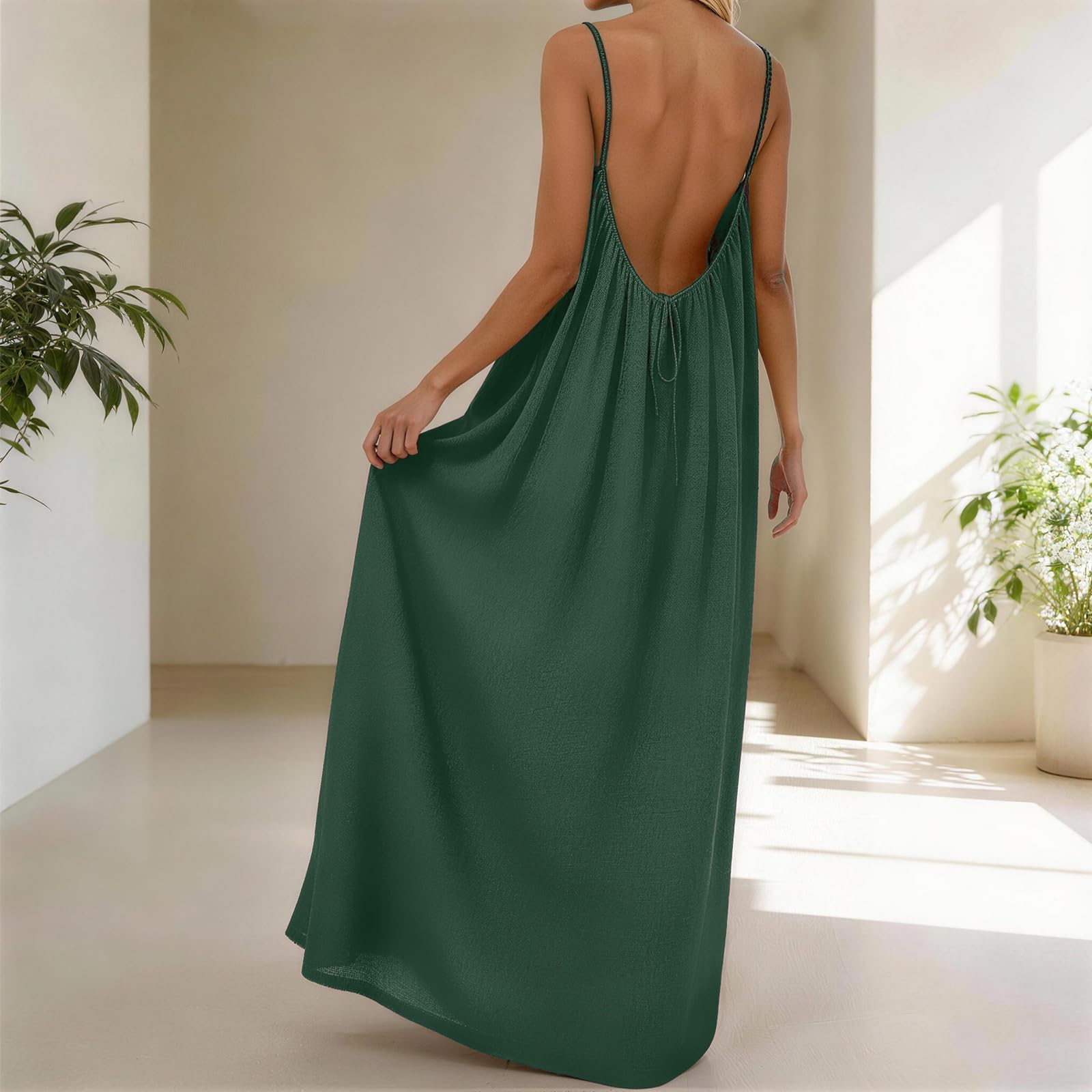 Rowena Maxi Dress for Women – Backless, Adjustable Straps & Fluid A-Line Cut Solid Summer