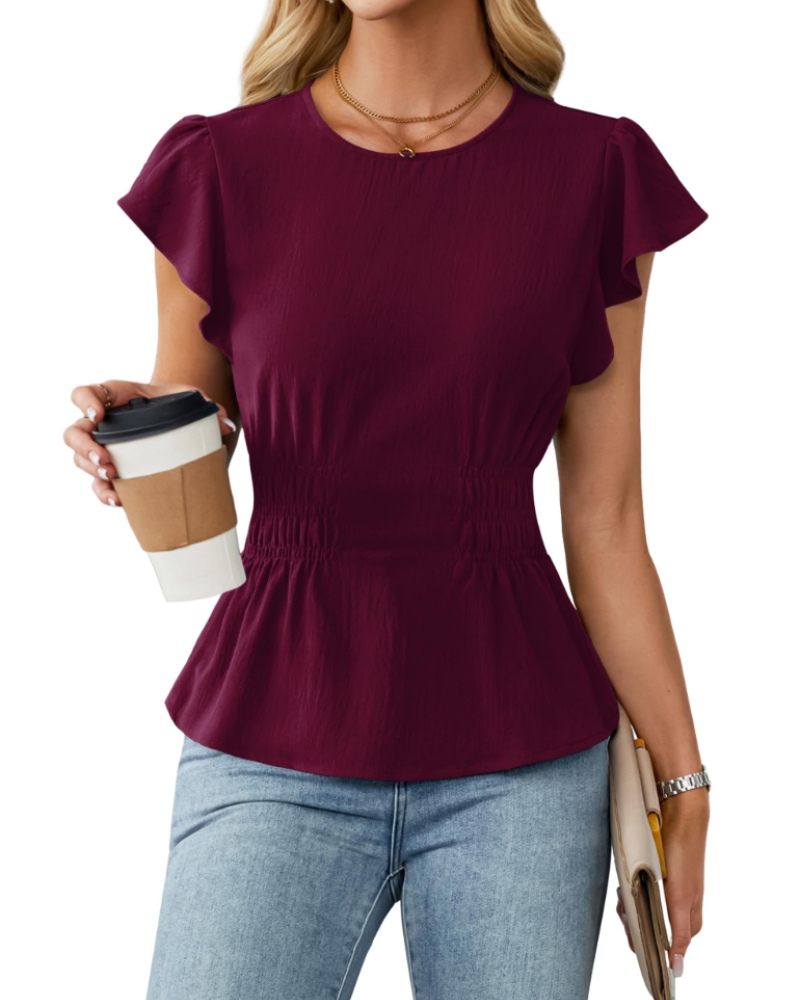Divina Dámská Halenka – Kulatý Výstřih, Rukávy s Volánky, Stahování v Pase & Styl Business Casual