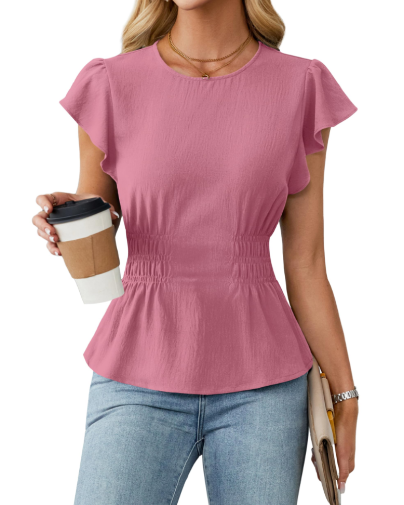 Divina Dámská Halenka – Kulatý Výstřih, Rukávy s Volánky, Stahování v Pase & Styl Business Casual
