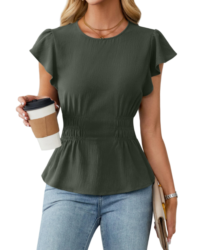 Divina Dámská Halenka – Kulatý Výstřih, Rukávy s Volánky, Stahování v Pase & Styl Business Casual