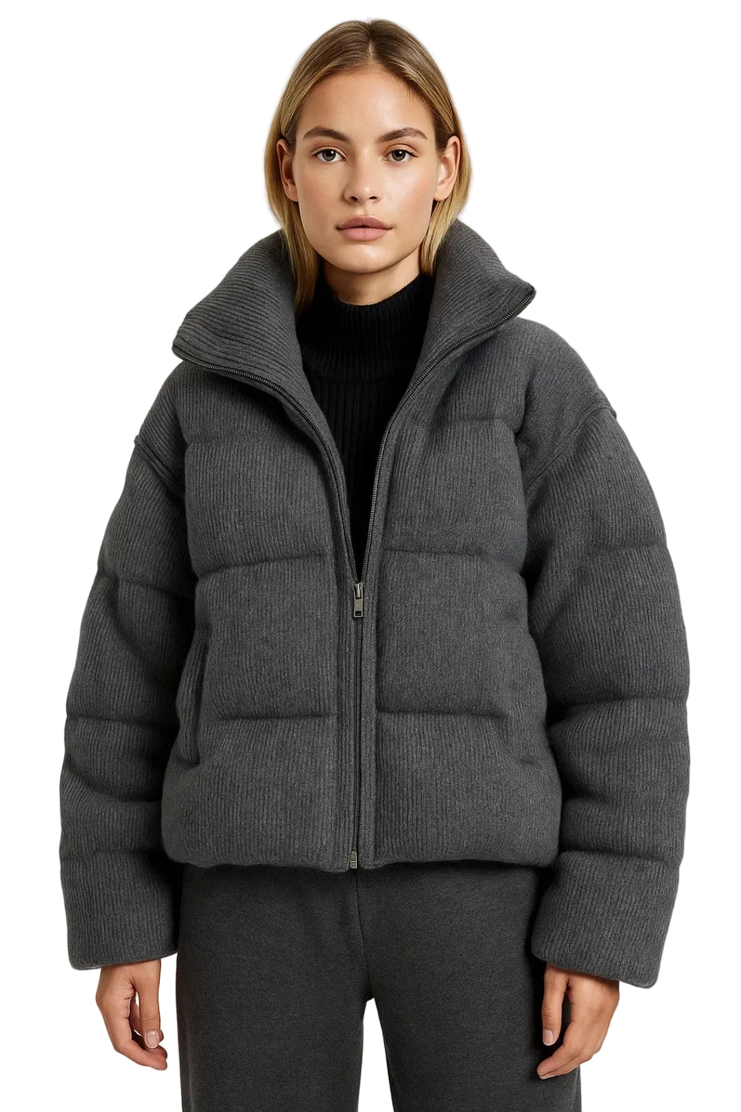 Belinda Piumino Corto Donna – Trapuntato a Coste, Collo Alto e Chiusura con Cerniera