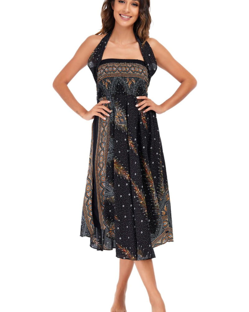 Dámské maxi šaty Sienna Robe Bohème – dlouhé 2v1 šaty s elastickým pasem a halter výstřihem