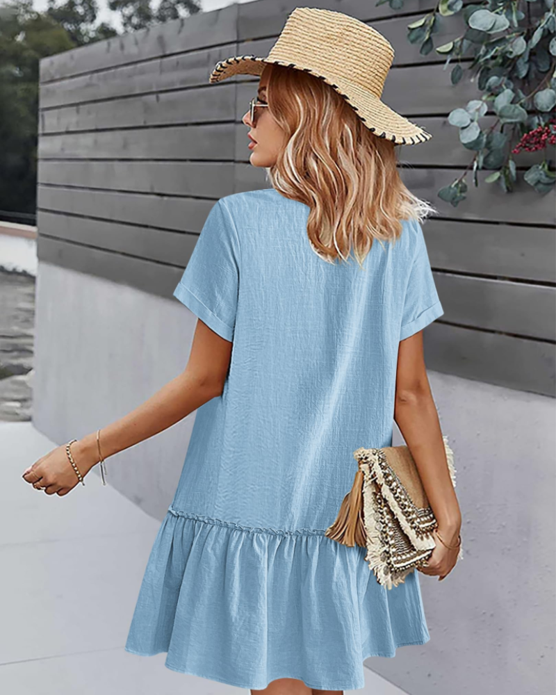 Vestido Harlow de Linho para Mulher – Vestido com Decote em V e Botões com Saia Plissada