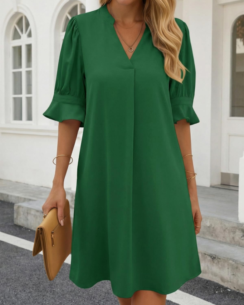 Maribel Robe Midi Femme Col V – Robe Ample à Manches Volantées
