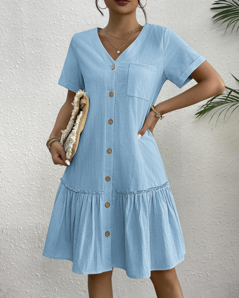 Vestido Harlow de Linho para Mulher – Vestido com Decote em V e Botões com Saia Plissada