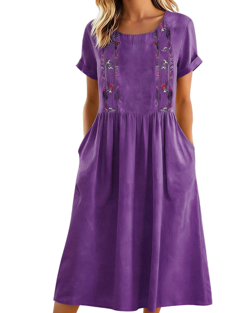 Eliana Midi besticktes Damenkleid – Trapezkleid aus Baumwoll-Leinen-Mischung mit Taschen