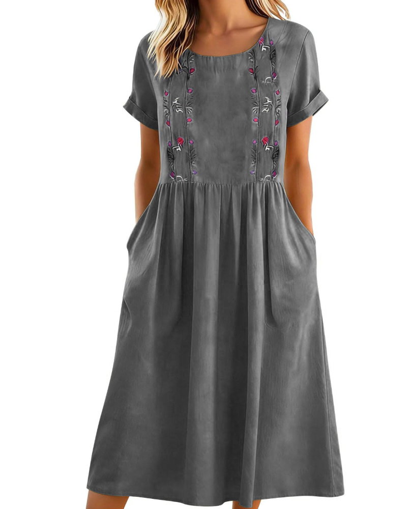 Eliana Midi besticktes Damenkleid – Trapezkleid aus Baumwoll-Leinen-Mischung mit Taschen