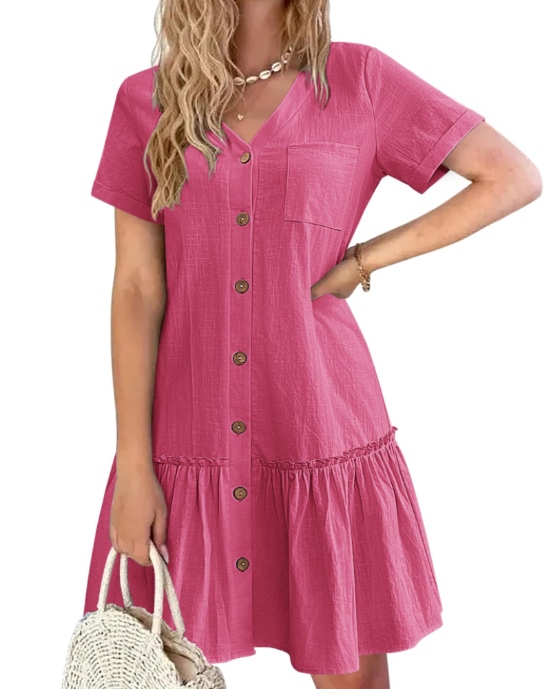 Vestido Harlow de Linho para Mulher – Vestido com Decote em V e Botões com Saia Plissada
