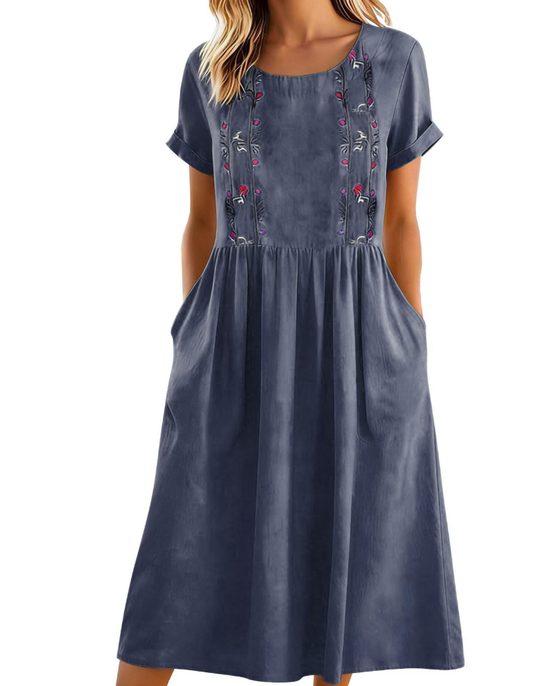 Eliana Midi besticktes Damenkleid – Trapezkleid aus Baumwoll-Leinen-Mischung mit Taschen