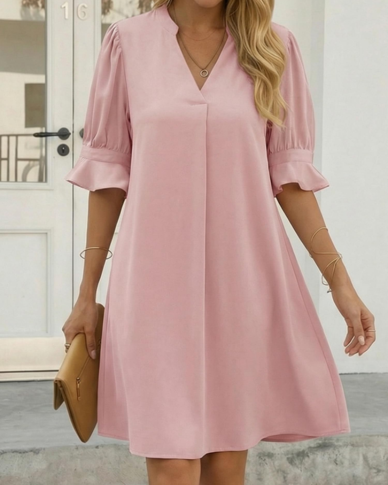 Maribel Robe Midi Femme Col V – Robe Ample à Manches Volantées