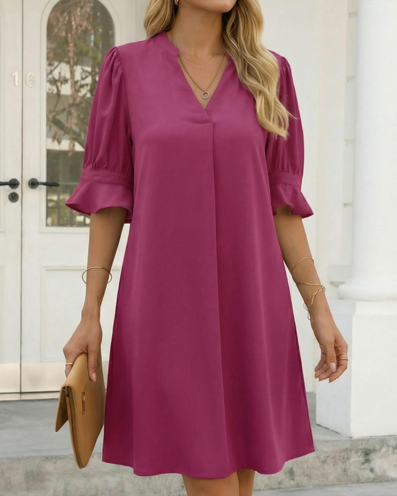Maribel Robe Midi Femme Col V – Robe Ample à Manches Volantées