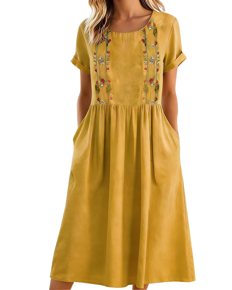 Eliana Midi besticktes Damenkleid – Trapezkleid aus Baumwoll-Leinen-Mischung mit Taschen