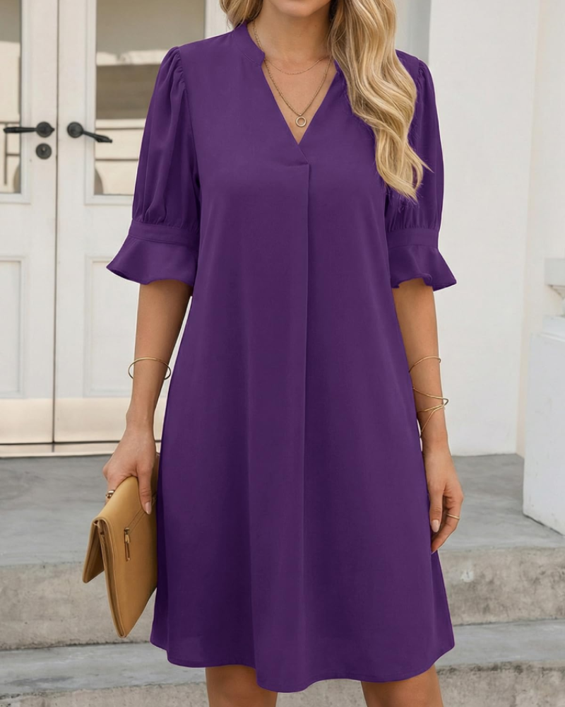 Maribel Robe Midi Femme Col V – Robe Ample à Manches Volantées