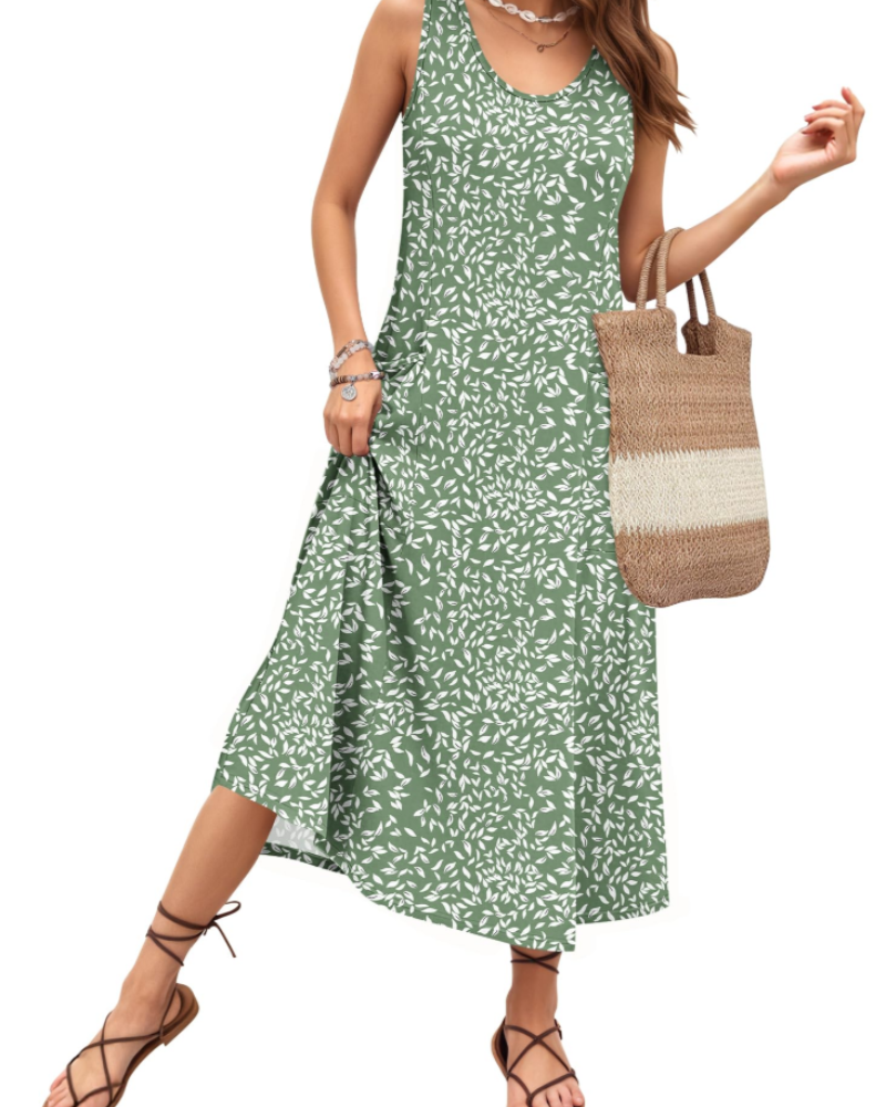 Naomi Maxikleid ohne Ärmel für Damen – Fließendes U-Ausschnitt Kleid mit Taschen