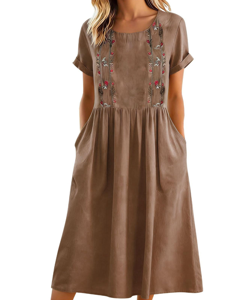 Eliana Midi besticktes Damenkleid – Trapezkleid aus Baumwoll-Leinen-Mischung mit Taschen