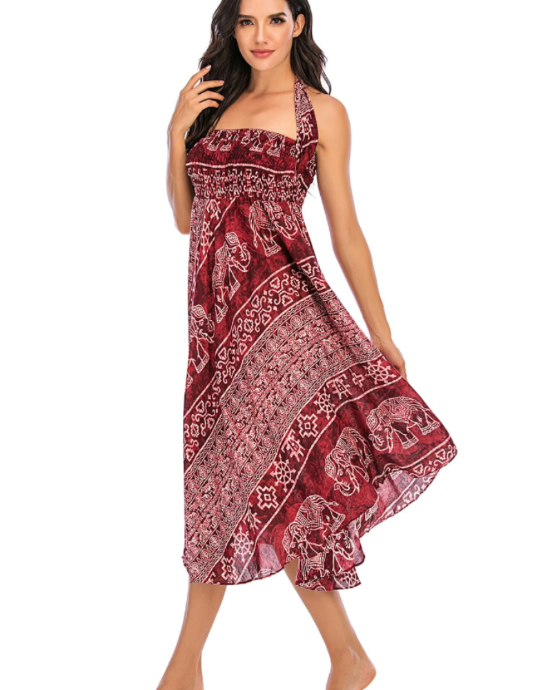 Dámské maxi šaty Sienna Robe Bohème – dlouhé 2v1 šaty s elastickým pasem a halter výstřihem