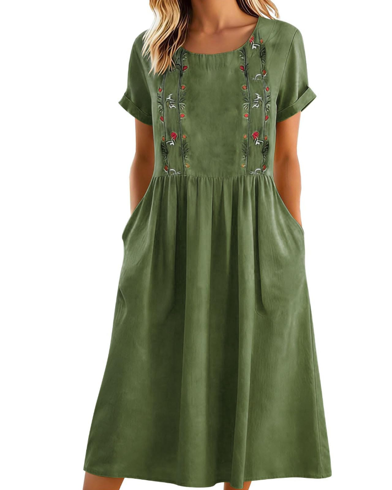 Eliana Midi besticktes Damenkleid – Trapezkleid aus Baumwoll-Leinen-Mischung mit Taschen