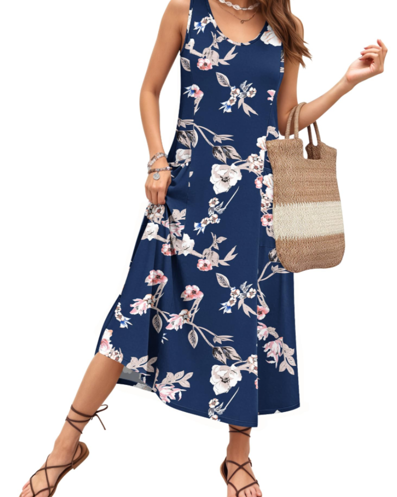 Naomi Maxikleid ohne Ärmel für Damen – Fließendes U-Ausschnitt Kleid mit Taschen