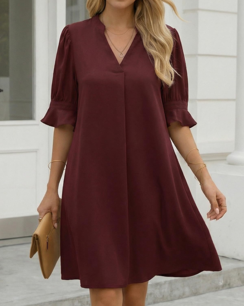 Maribel Robe Midi Femme Col V – Robe Ample à Manches Volantées
