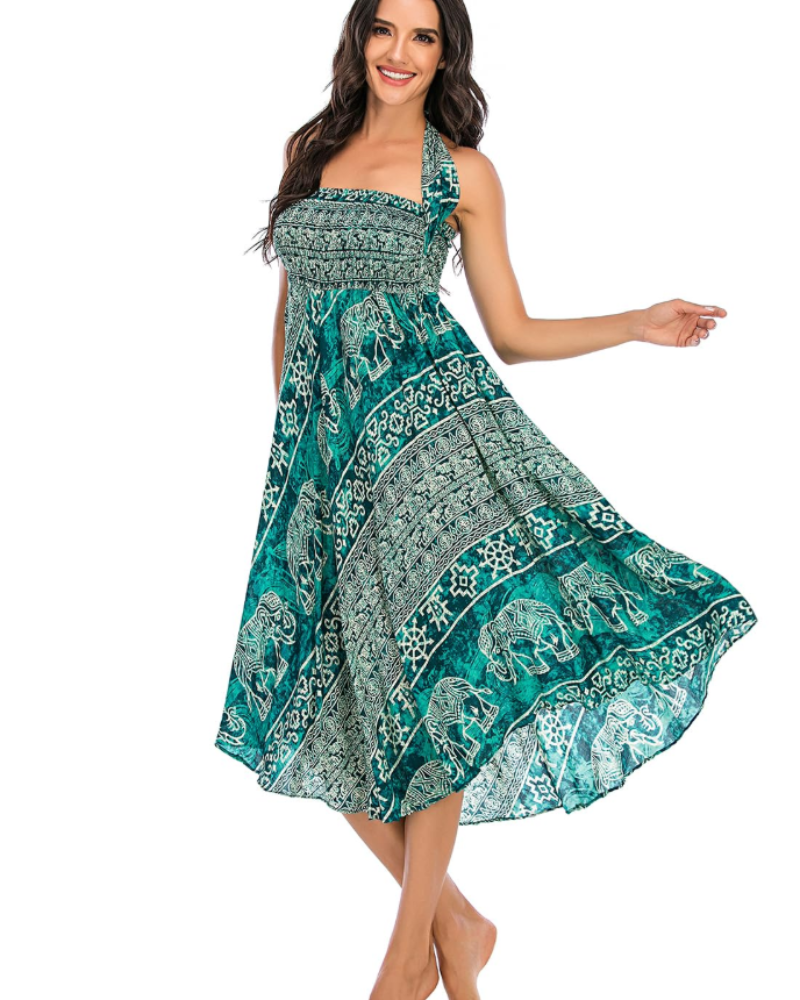 Dámské maxi šaty Sienna Robe Bohème – dlouhé 2v1 šaty s elastickým pasem a halter výstřihem