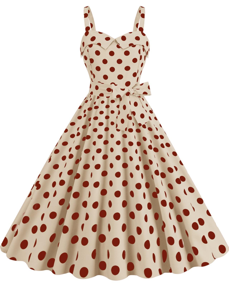 Rosie Robe Femme – Robe Midi Vintage Pois Col V Sans Manches Taille Haute Rockabilly Chic