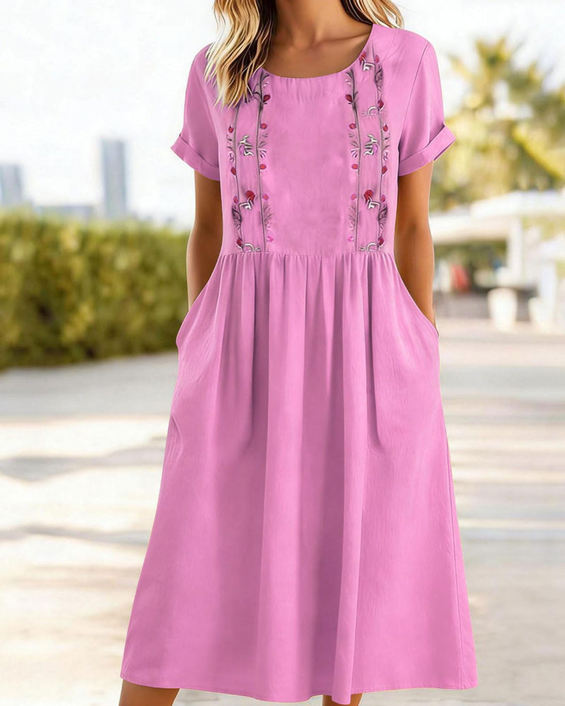 Eliana Midi besticktes Damenkleid – Trapezkleid aus Baumwoll-Leinen-Mischung mit Taschen