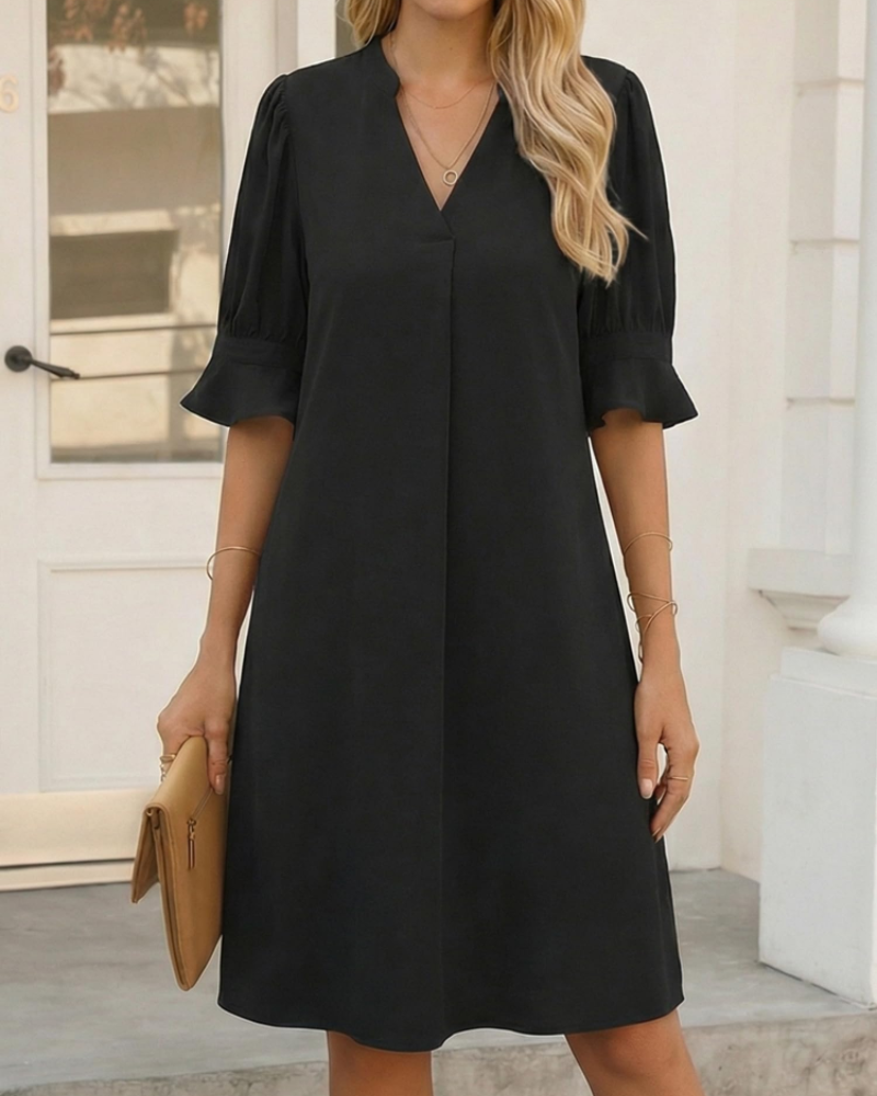 Maribel Robe Midi Femme Col V – Robe Ample à Manches Volantées