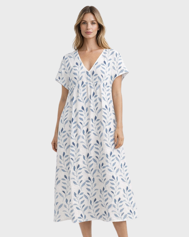 Sukienka Midi Evie Damska – Boho Wzór Liści, Luźny Krój i Letni Styl