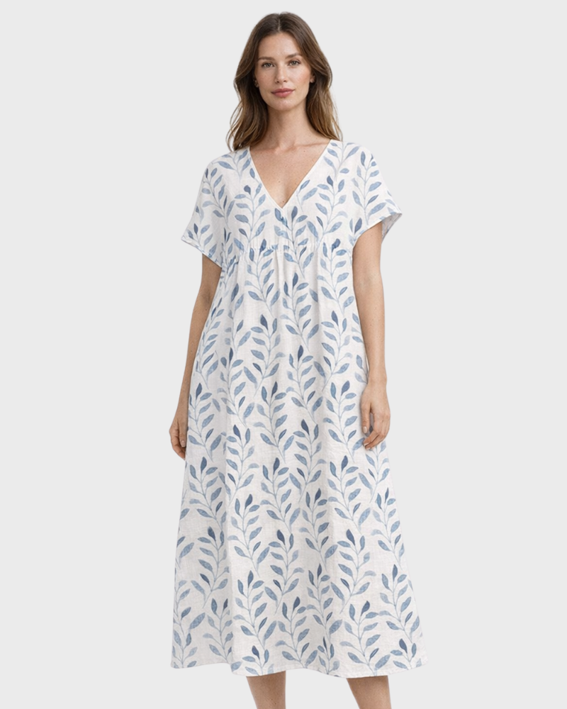 Sukienka Midi Evie Damska – Boho Wzór Liści, Luźny Krój i Letni Styl
