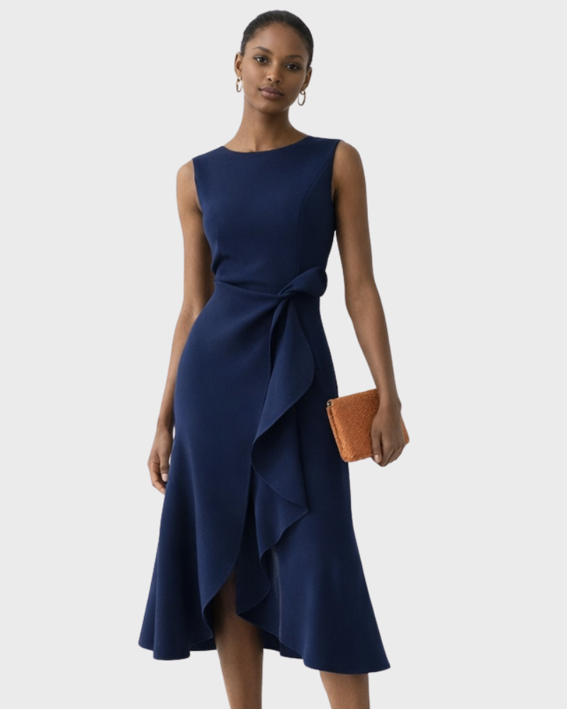 Ivy Robe Midi Femme – Sans Manches, Taille Nouée & Coupe Évasée Élégante