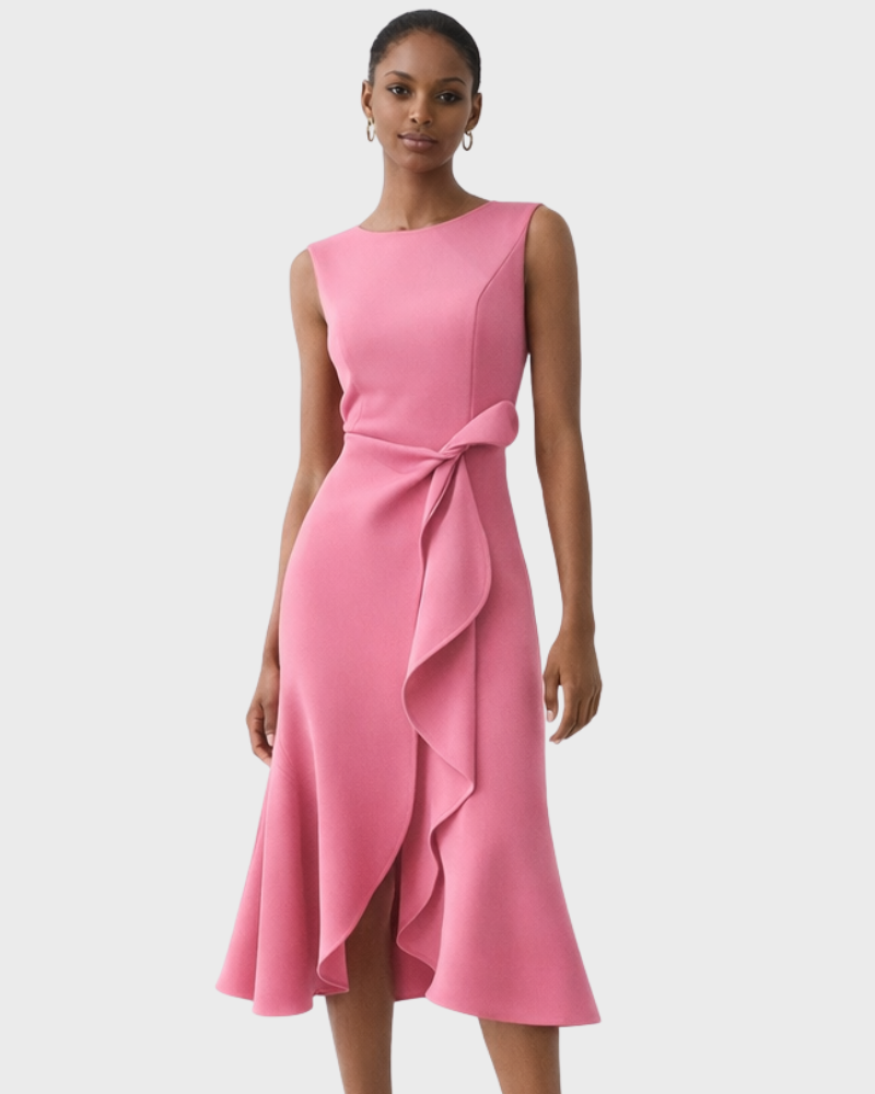 Ivy Robe Midi Femme – Sans Manches, Taille Nouée & Coupe Évasée Élégante