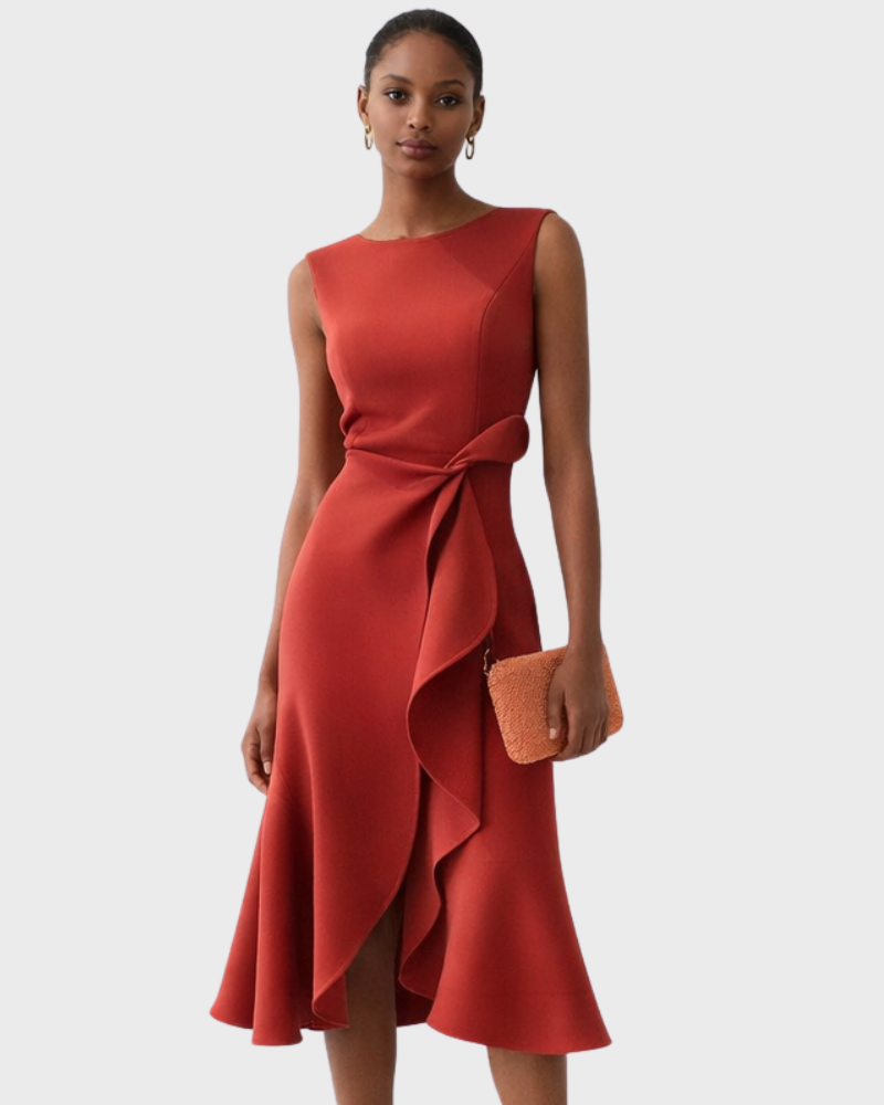 Ivy Robe Midi Femme – Sans Manches, Taille Nouée & Coupe Évasée Élégante