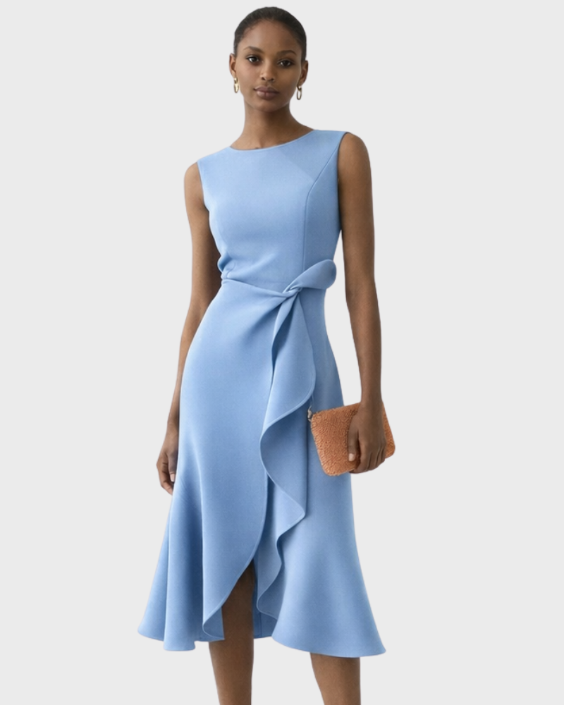 Ivy Robe Midi Femme – Sans Manches, Taille Nouée & Coupe Évasée Élégante