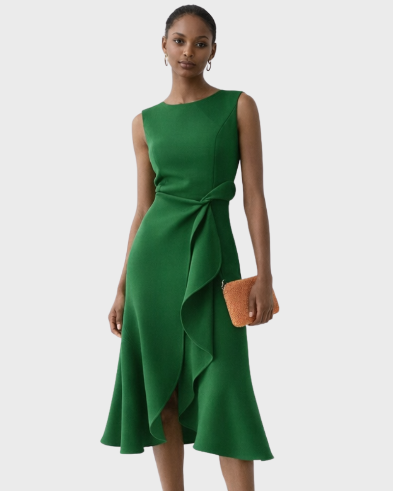 Ivy Robe Midi Femme – Sans Manches, Taille Nouée & Coupe Évasée Élégante