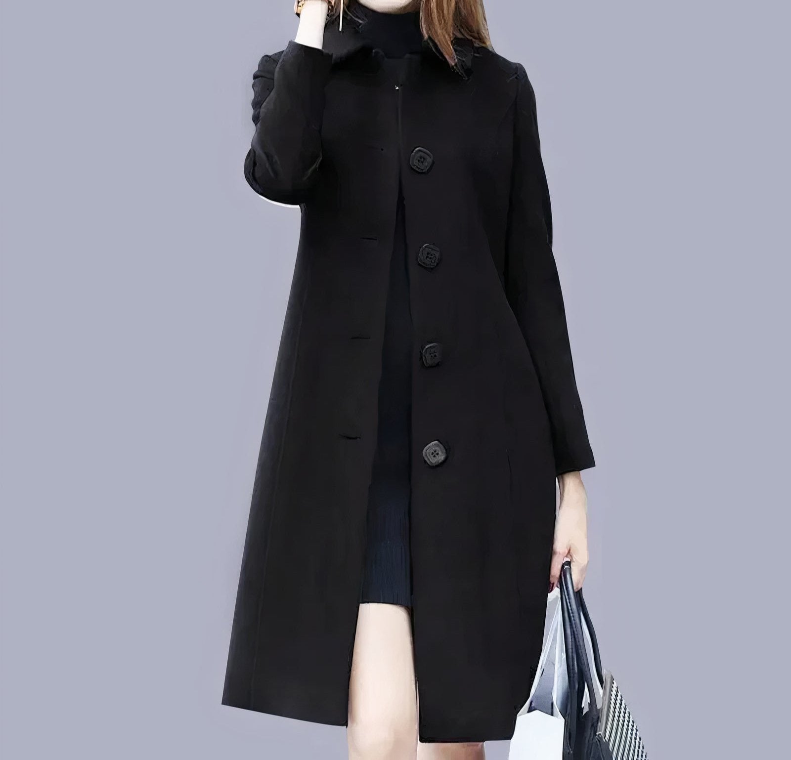 Analia Women's Elegant Coat – Long Classic with Chic Collar, Buttons & Comfortable Fit