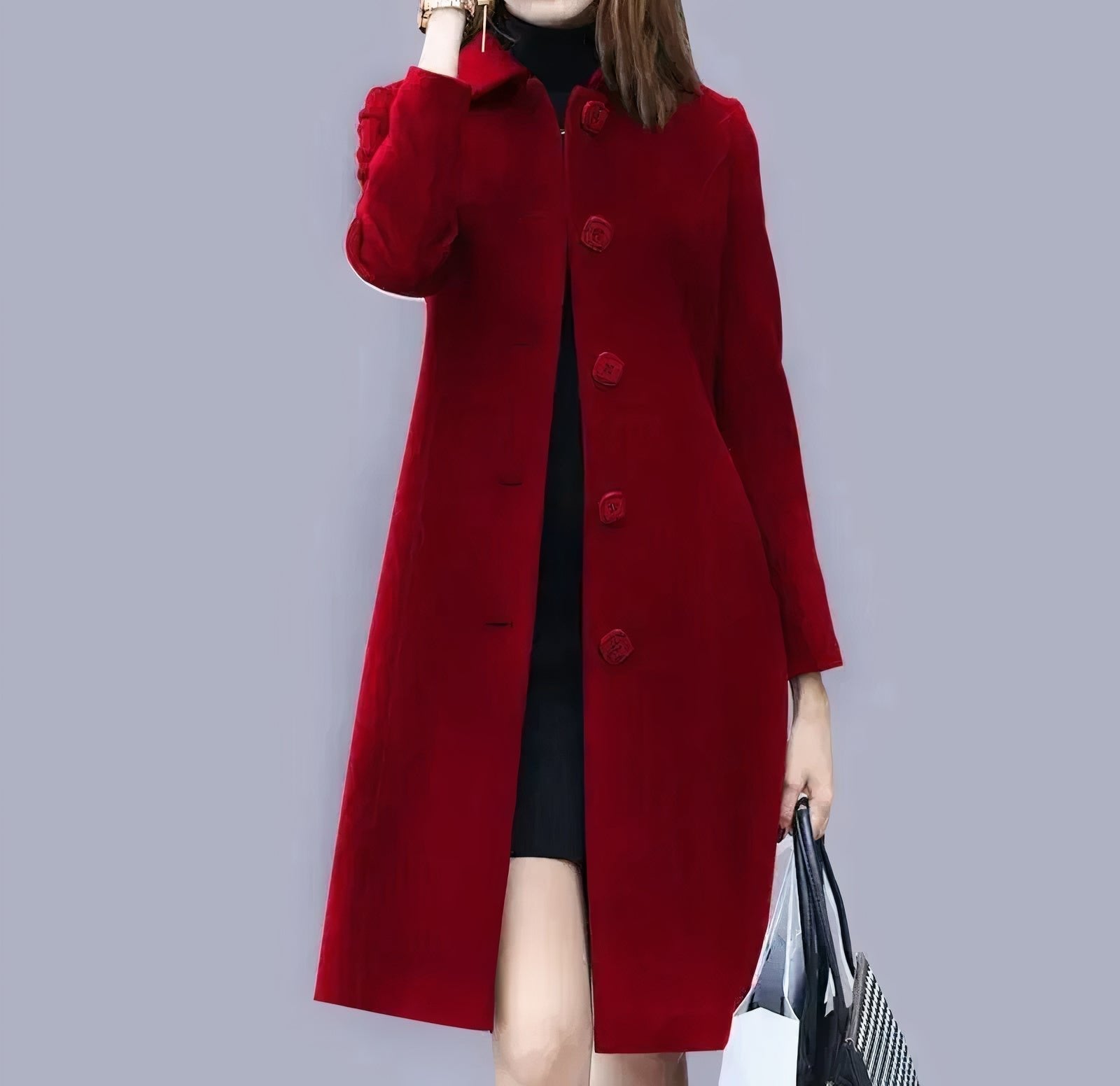 Analia Women's Elegant Coat – Long Classic with Chic Collar, Buttons & Comfortable Fit