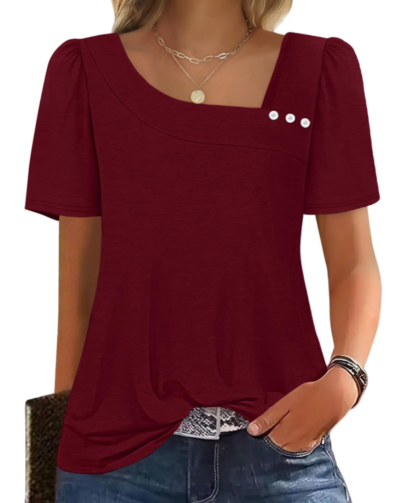 Emina Damen Top – Knopfleiste am quadratischen Ausschnitt, kurze Puffärmel & eleganter Casual-Stil