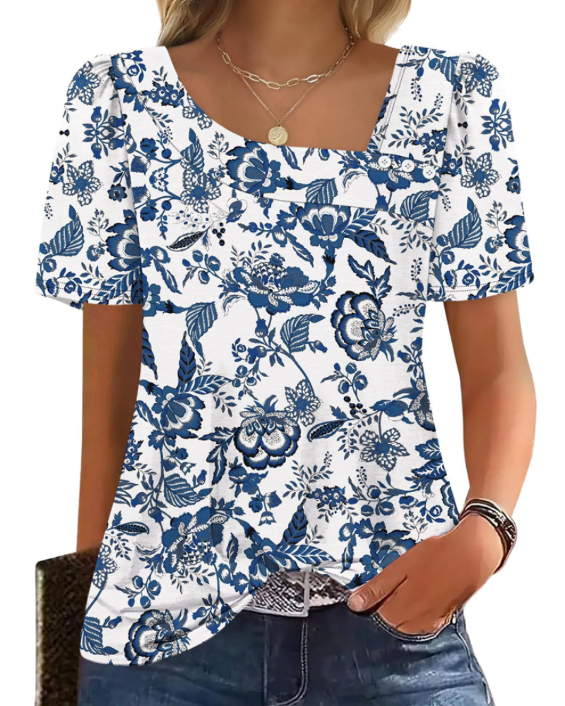 Emina Damen Top – Knopfleiste am quadratischen Ausschnitt, kurze Puffärmel & eleganter Casual-Stil
